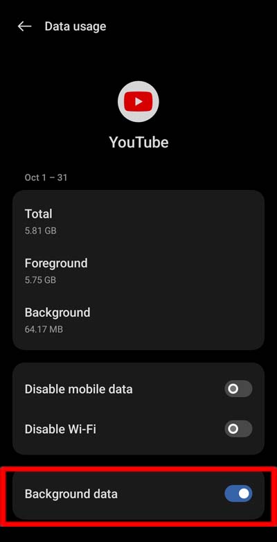 Enable Background data for YouTube